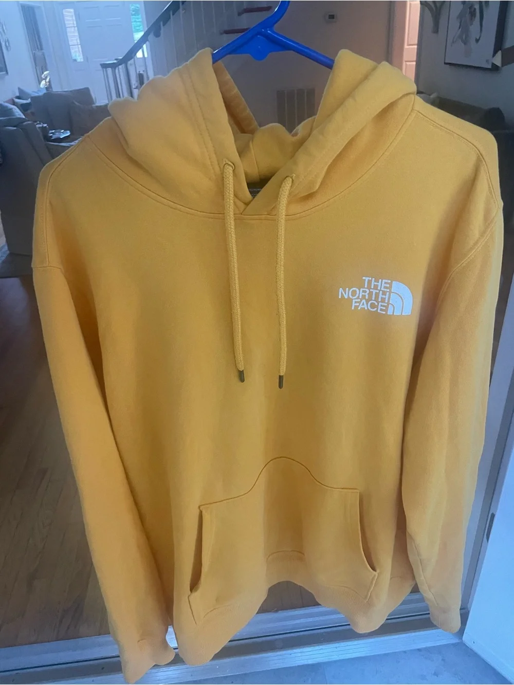 The North Face Yellow Hoodie Box Logo Never Stop Exploring Sweatshirt Mens Large
